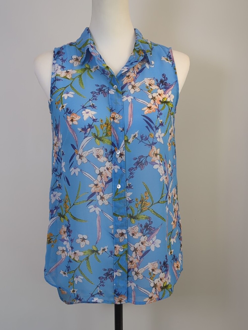 H&M Blue Floral Sleeveless Collared Button Up Blouse Tank Top Shirt SIZE 2 - Picture 11 of 13